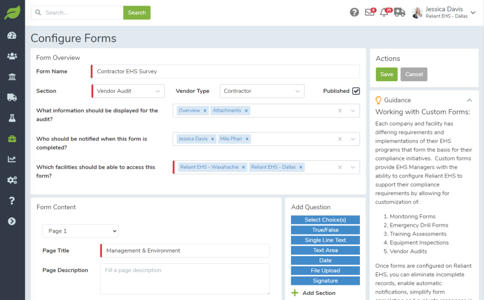 screenshot of Reliant EHS